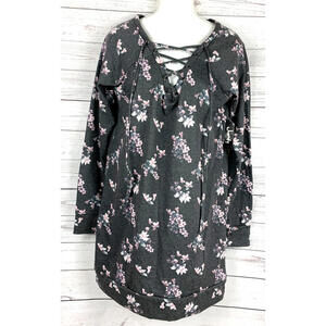 JUSTIFY  Size M   FLEECE KNIT TUNIC TOP  GRAY Floral - Raglan Sleeves - Laces Up
